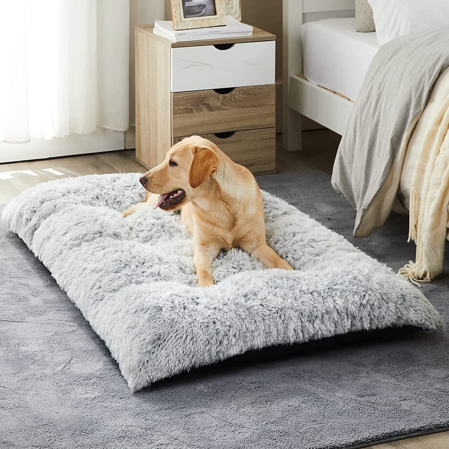 Large Dog Bed, 48 X 28 Inch Plush Dog Cage Bed Fluffy, Washable Dog Mat with Non-Slip Bottom for Large and Medium Dogs