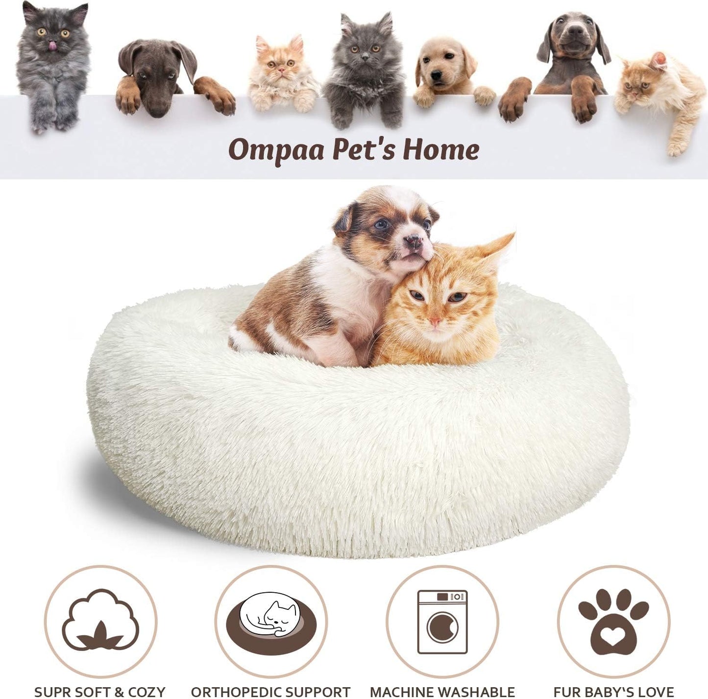 Fluffy round Calming Dog Beds for Small Dogs and Cats, Super Soft Plush Pet Beds Washable, Puppy & Kitten Faux Fur Anxiety Donut Cuddler - Cream White