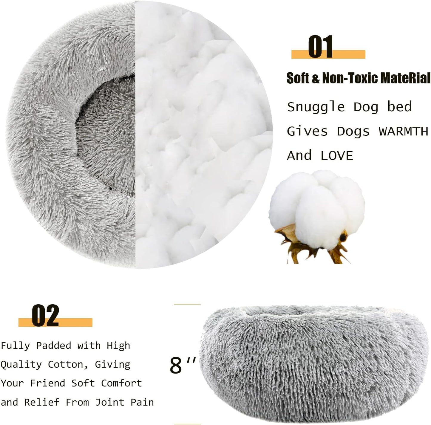 Calming Dog Beds - round Donut Washable Faux Fur Cuddle Anxiety Cat & Dog Bed (Light Grey, 20")