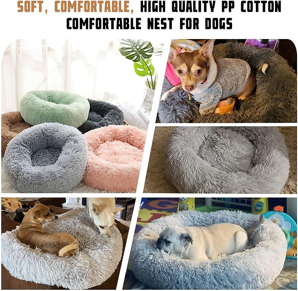 Calming Dog Beds - round Donut Washable Faux Fur Cuddle Anxiety Cat & Dog Bed (Light Grey, 20")