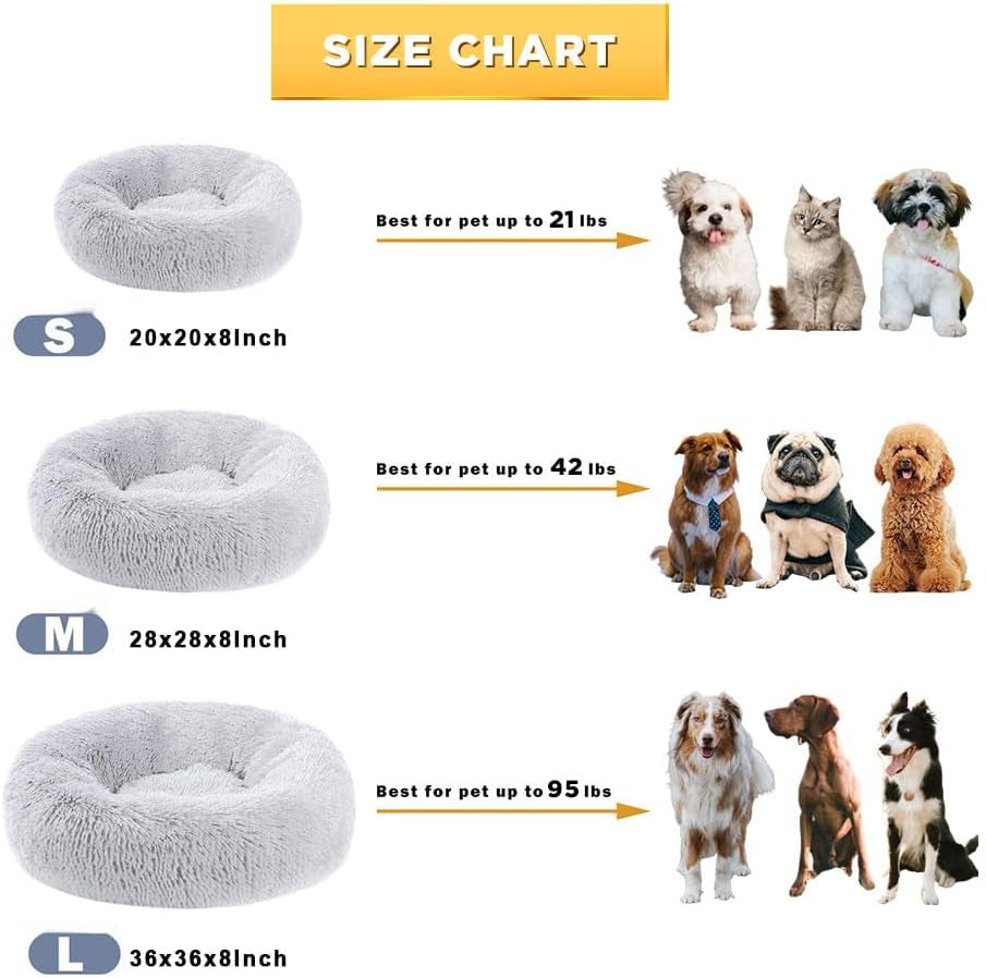 Calming Dog Beds - round Donut Washable Faux Fur Cuddle Anxiety Cat & Dog Bed (Light Grey, 20")