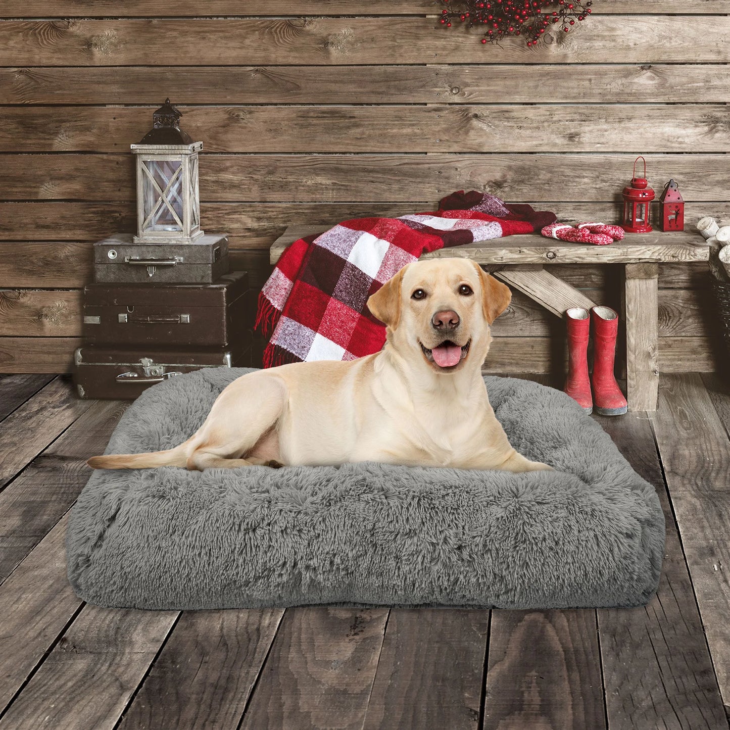 Large Furry Bolster Dog Bed, Taupe