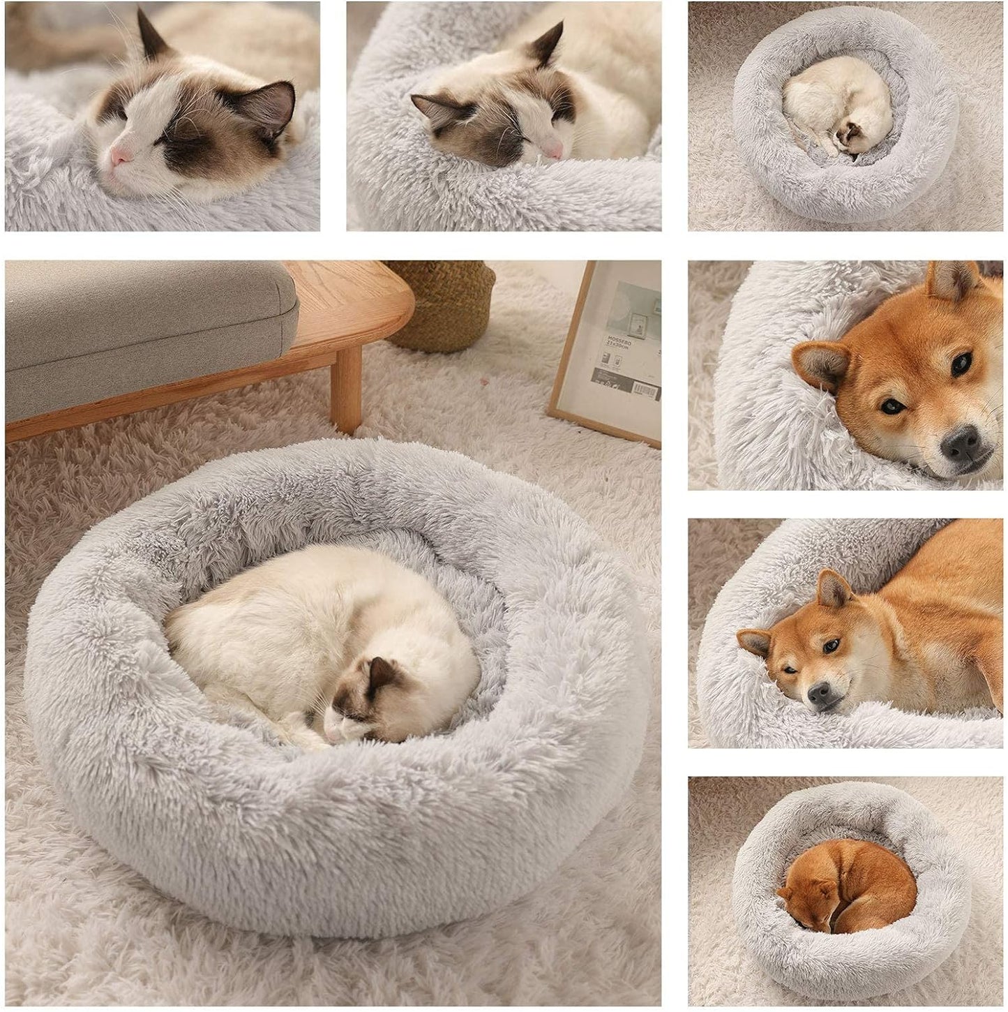 Calming Dog Beds - round Donut Washable Faux Fur Cuddle Anxiety Cat & Dog Bed (Light Grey, 20")