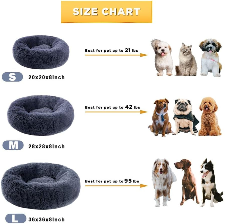 Calming Dog Beds - round Washable Donut Cuddle Anxiety Cat Pet Bed, Anti-Slip Faux Fur Fluffy, 20" Dark Grey