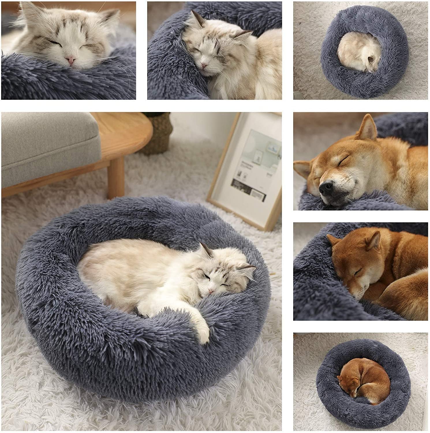 Calming Dog Beds - round Washable Donut Cuddle Anxiety Cat Pet Bed, Anti-Slip Faux Fur Fluffy, 20" Dark Grey