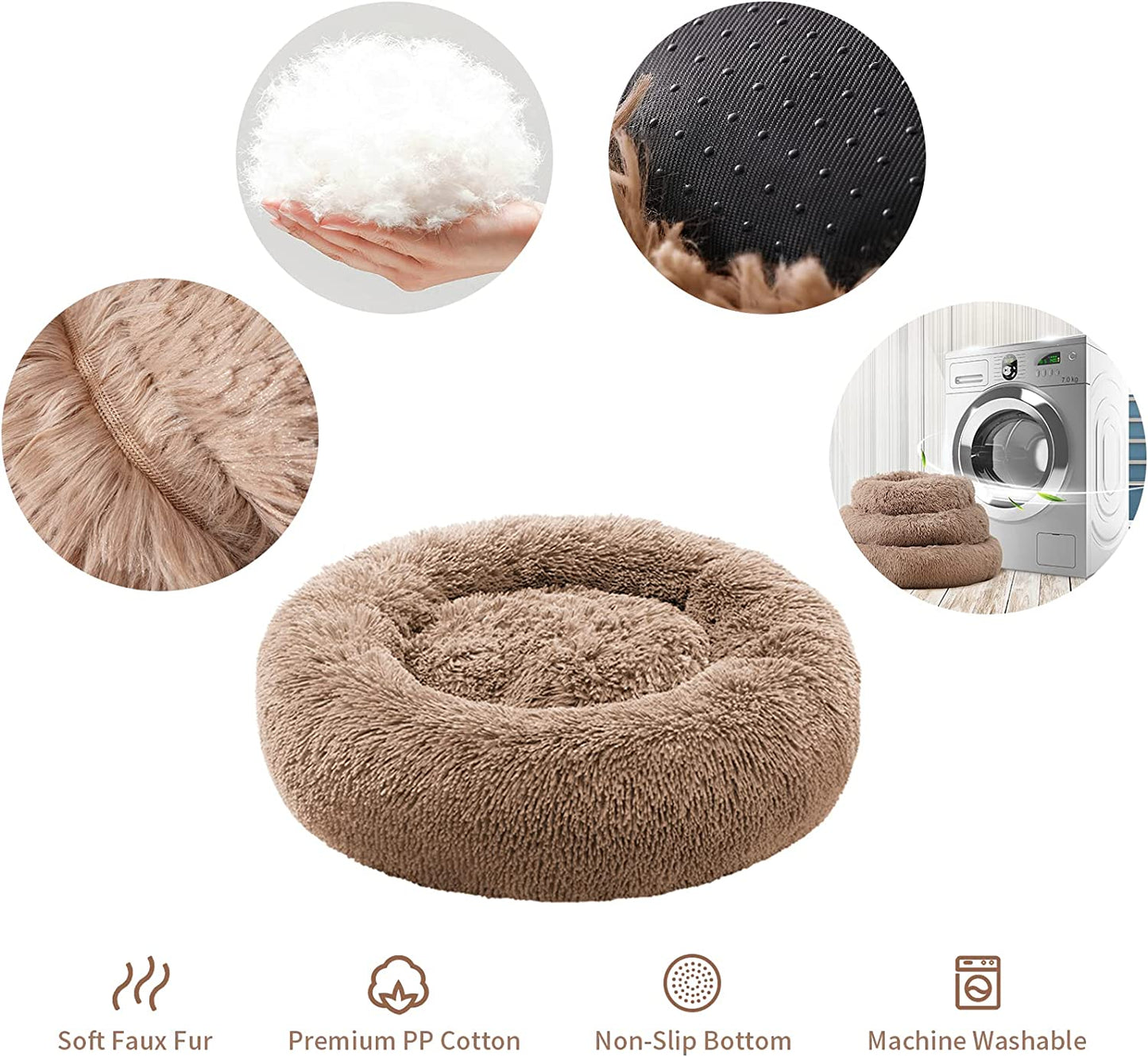 Calming Dog Bed for Small Dogs, anti Anxiety Donut Cat Bed for Indoor Cats, round Cat Bed, Cozy Soft Puppy Bed, Fluffy Kitten Bed, Plush Pet Bed, Machine Washable, 20X20Inch Lightcoffee