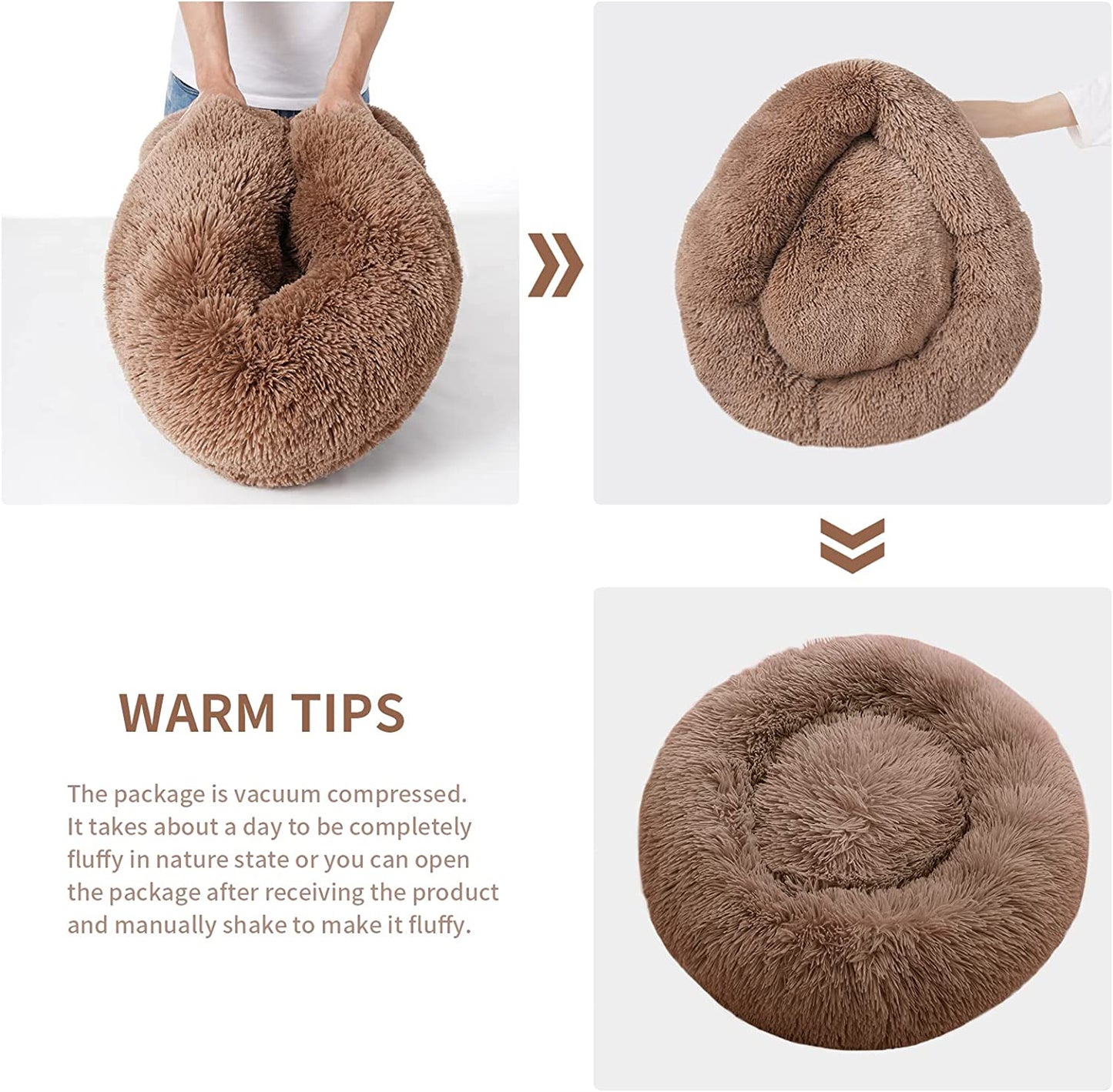 Calming Dog Bed for Small Dogs, anti Anxiety Donut Cat Bed for Indoor Cats, round Cat Bed, Cozy Soft Puppy Bed, Fluffy Kitten Bed, Plush Pet Bed, Machine Washable, 20X20Inch Lightcoffee