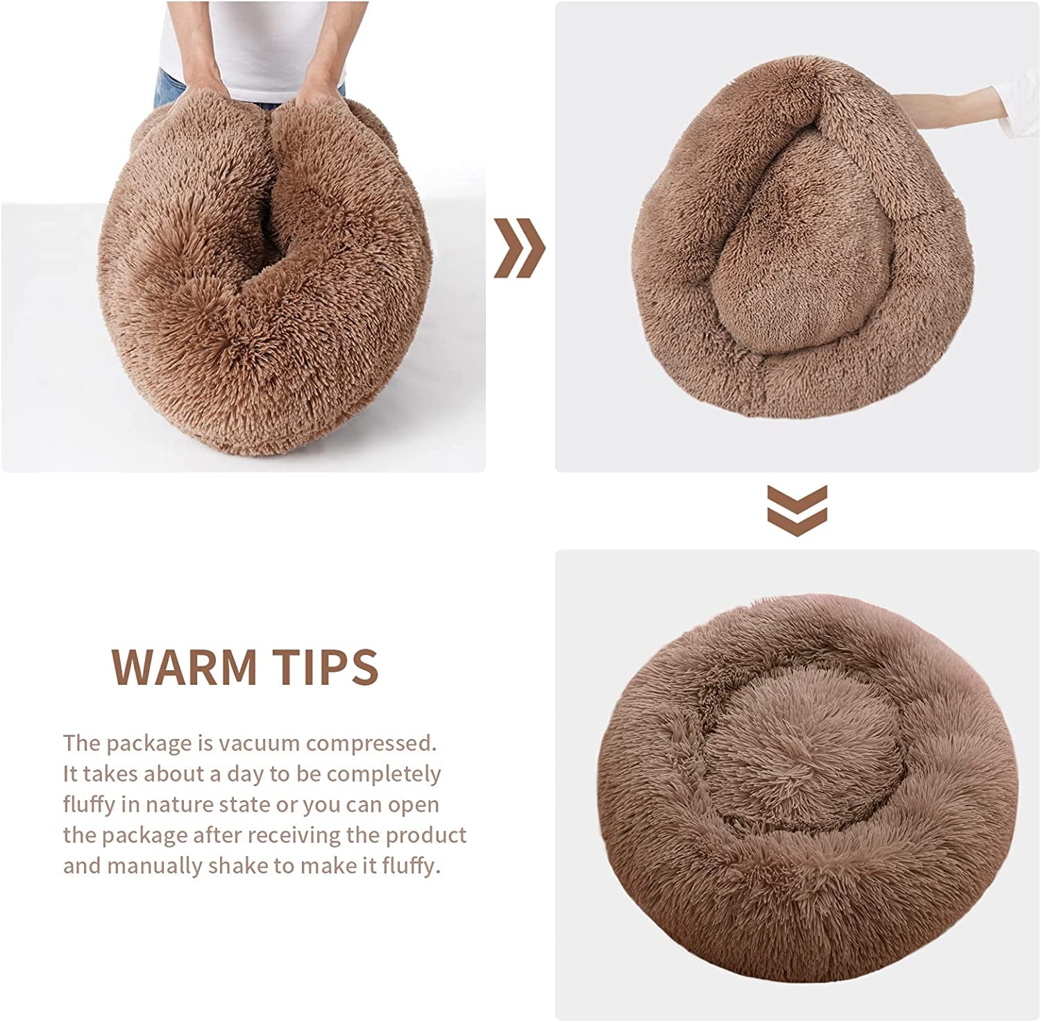 Calming Dog Bed for Small Dogs, anti Anxiety Donut Cat Bed for Indoor Cats, round Cat Bed, Cozy Soft Puppy Bed, Fluffy Kitten Bed, Plush Pet Bed, Machine Washable, 20X20Inch Lightcoffee