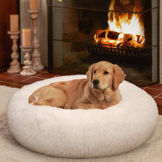 Fluffy round Calming Dog Beds for Small Dogs and Cats, Super Soft Plush Pet Beds Washable, Puppy & Kitten Faux Fur Anxiety Donut Cuddler - Cream White