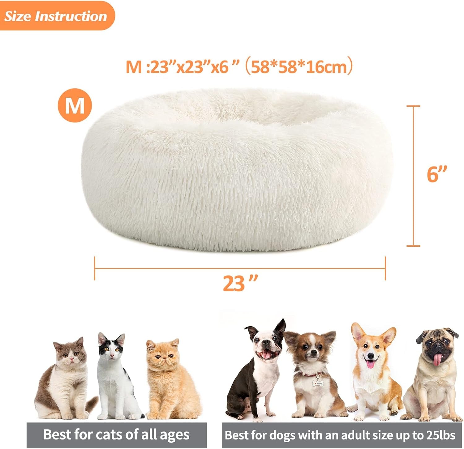 Calming Donut Fluffy Dog Bed Cat Bed, anti Anxiety Cuddler Plush Cozy, Super Soft Material, Warm and Comfortable, Machine Washable, Size Medium 23" X 23"