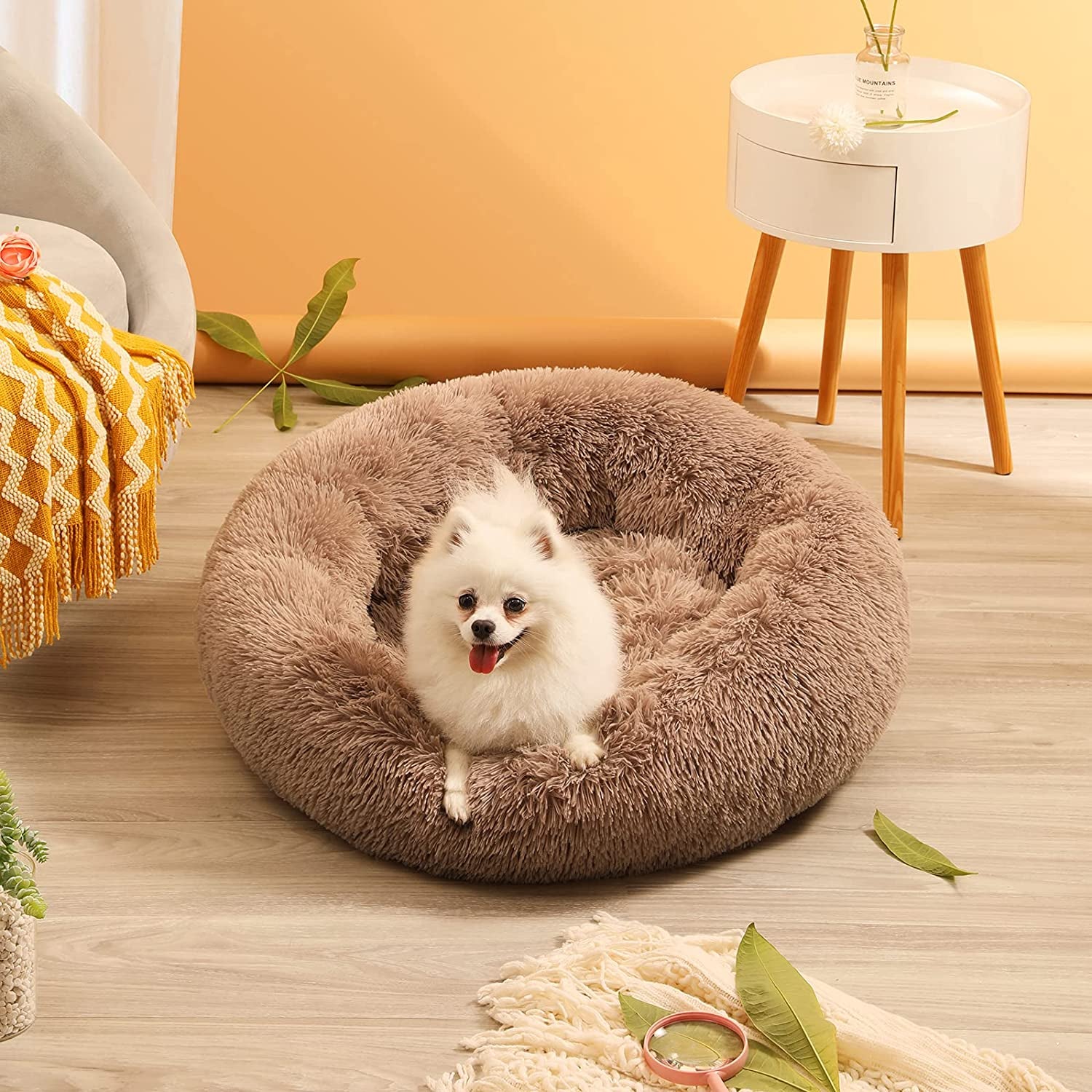 Calming Dog Bed for Small Dogs, anti Anxiety Donut Cat Bed for Indoor Cats, round Cat Bed, Cozy Soft Puppy Bed, Fluffy Kitten Bed, Plush Pet Bed, Machine Washable, 20X20Inch Lightcoffee