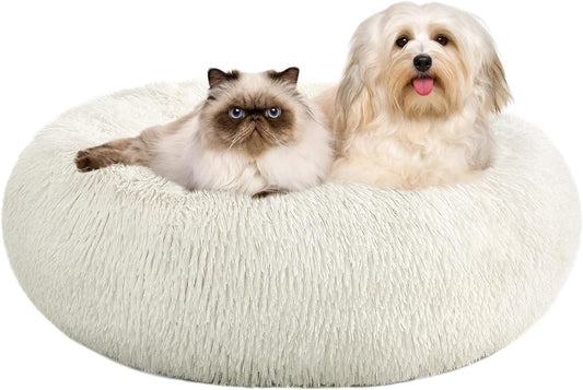 Calming Donut Fluffy Dog Bed Cat Bed, anti Anxiety Cuddler Plush Cozy, Super Soft Material, Warm and Comfortable, Machine Washable, Size Medium 23" X 23"