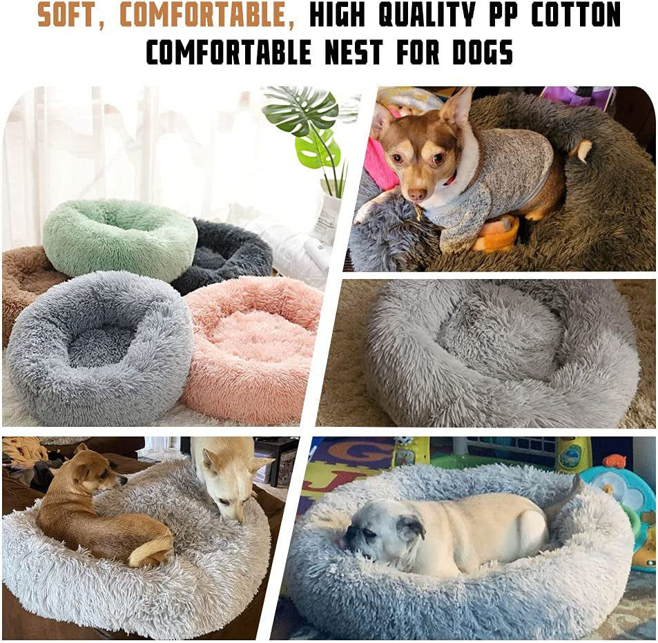 Calming Dog Beds - round Washable Donut Cuddle Anxiety Cat Pet Bed, Anti-Slip Faux Fur Fluffy, 20" Dark Grey