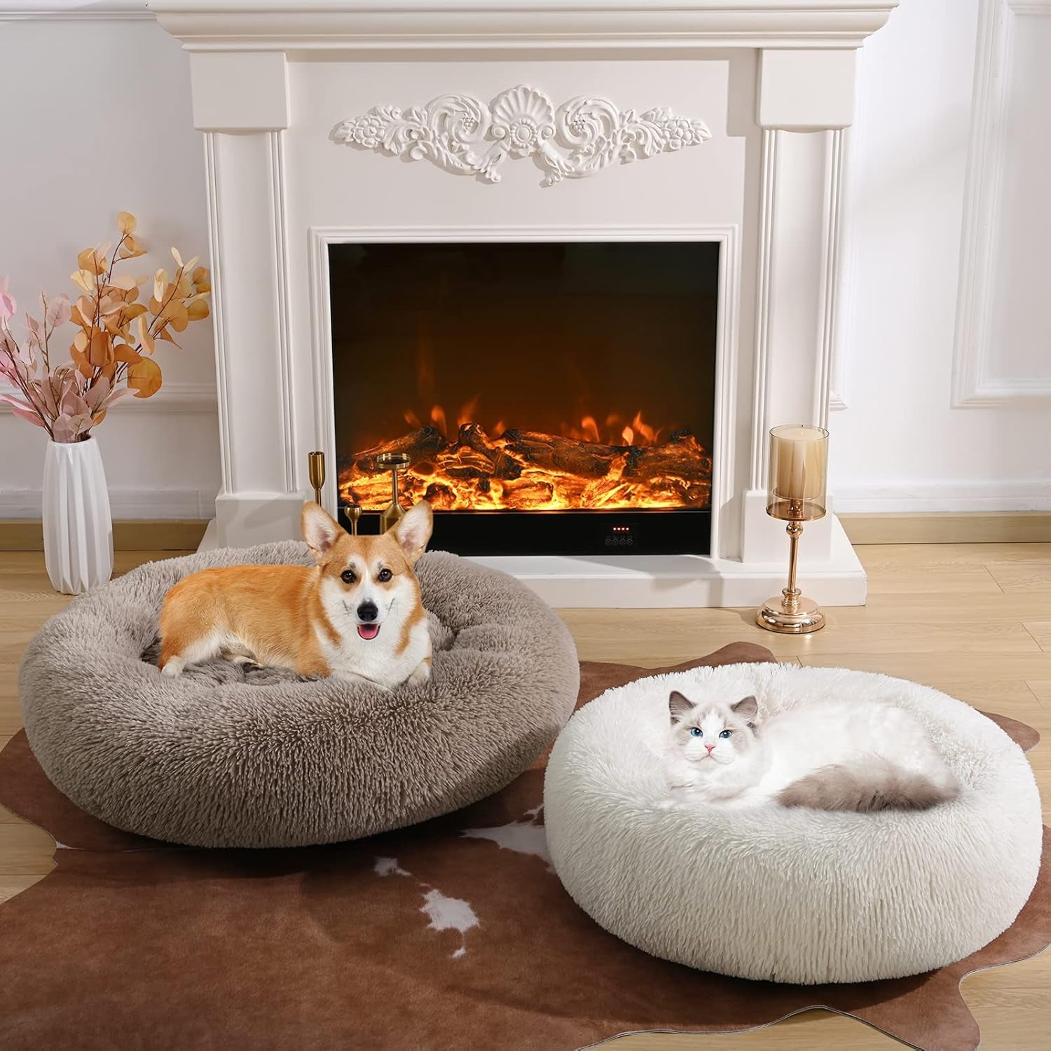 Calming Donut Fluffy Dog Bed Cat Bed, anti Anxiety Cuddler Plush Cozy, Super Soft Material, Warm and Comfortable, Machine Washable, Size Medium 23" X 23"