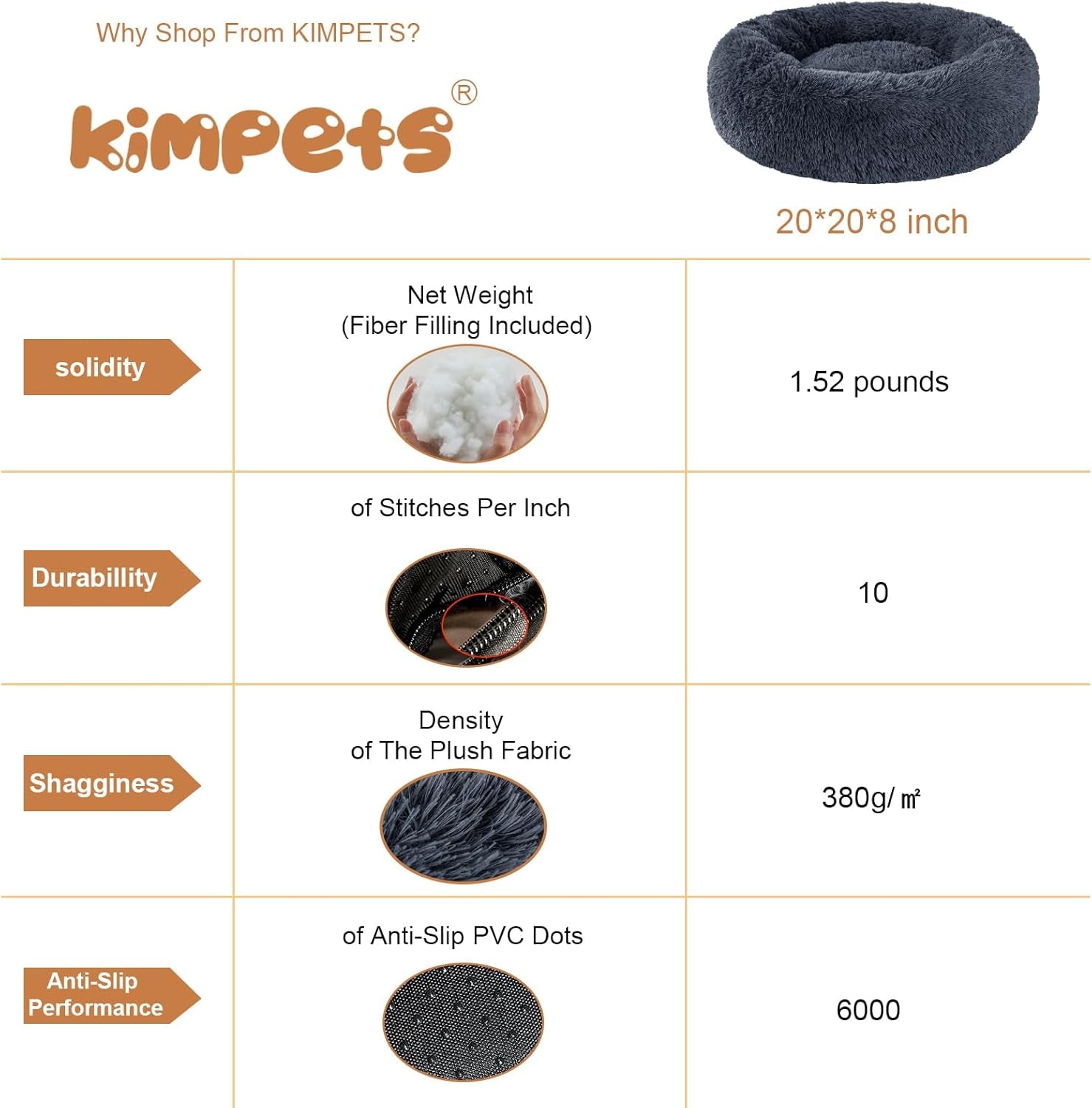 Calming Dog Beds - round Washable Donut Cuddle Anxiety Cat Pet Bed, Anti-Slip Faux Fur Fluffy, 20" Dark Grey