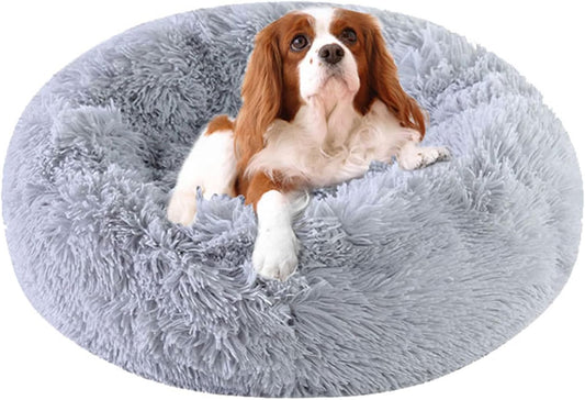 Calming Dog Beds - round Donut Washable Faux Fur Cuddle Anxiety Cat & Dog Bed (Light Grey, 20")