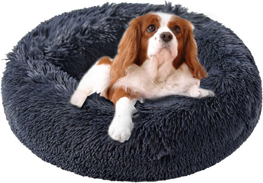 Calming Dog Beds - round Washable Donut Cuddle Anxiety Cat Pet Bed, Anti-Slip Faux Fur Fluffy, 20" Dark Grey