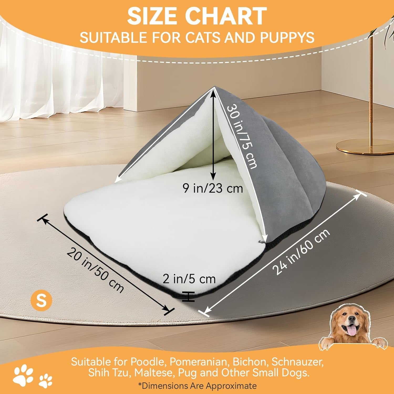 Pet House, Cat & Dog Cave Bed - Ultra Soft Polar Fleece, Waterproof, Washable - 25X20 Inches, Gray
