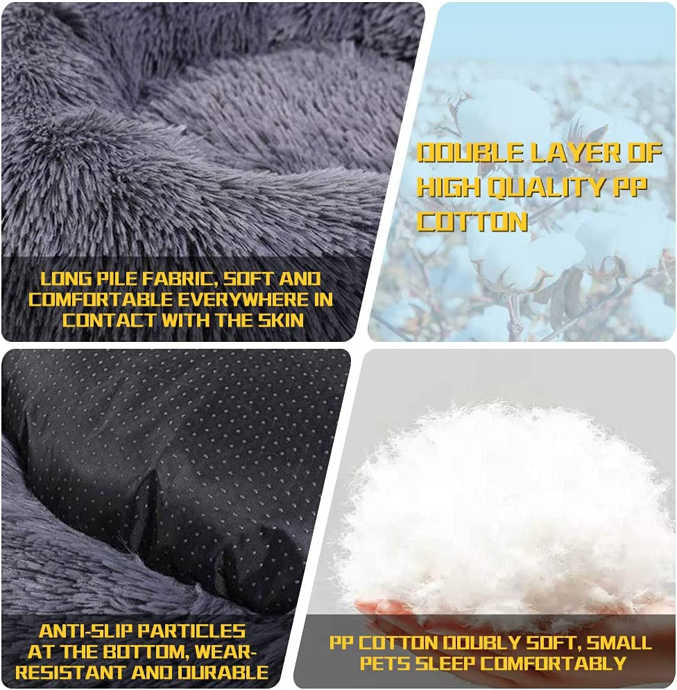 Calming Dog Beds - round Washable Donut Cuddle Anxiety Cat Pet Bed, Anti-Slip Faux Fur Fluffy, 20" Dark Grey