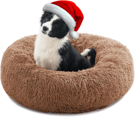Calming Dog Bed for Small Dogs, anti Anxiety Donut Cat Bed for Indoor Cats, round Cat Bed, Cozy Soft Puppy Bed, Fluffy Kitten Bed, Plush Pet Bed, Machine Washable, 20X20Inch Lightcoffee