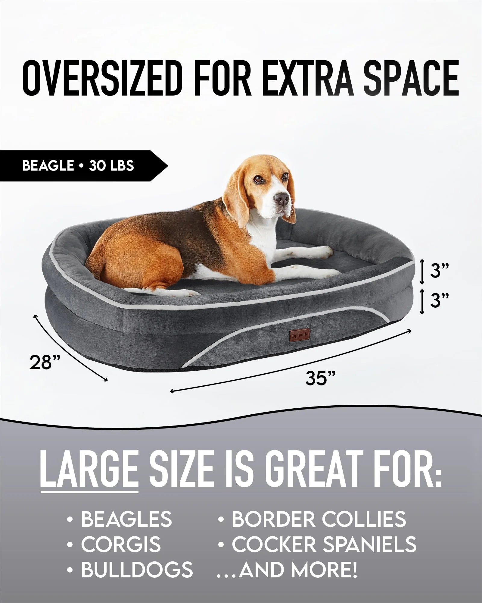 35In Luxury Sofa-Style Pet Orthopedic Bed for Large and Medium Dogs – Removable Machine-Washable Plush Cover, 4-Sided Bolster, Non-Slip Bottom, Size 35”X28”X6” Gray
