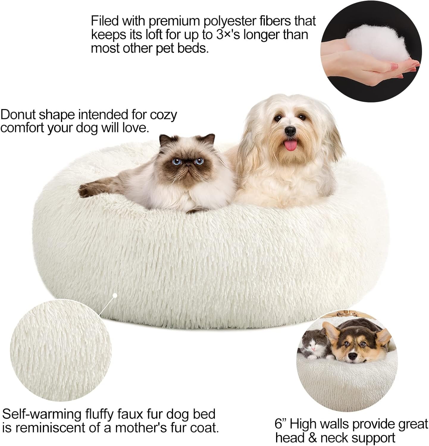 Calming Donut Fluffy Dog Bed Cat Bed, anti Anxiety Cuddler Plush Cozy, Super Soft Material, Warm and Comfortable, Machine Washable, Size Medium 23" X 23"