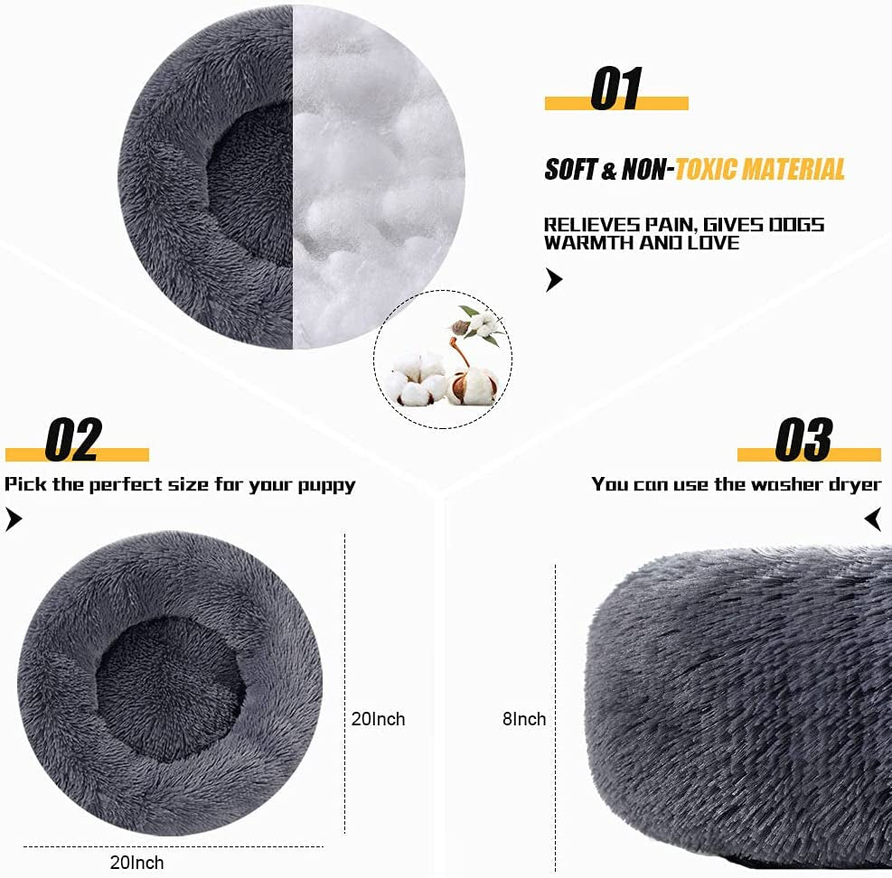 Calming Dog Beds - round Washable Donut Cuddle Anxiety Cat Pet Bed, Anti-Slip Faux Fur Fluffy, 20" Dark Grey