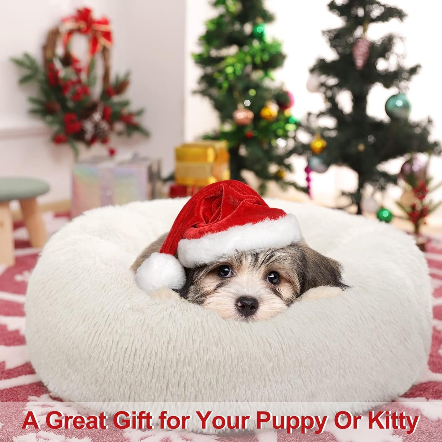 Calming Donut Fluffy Dog Bed Cat Bed, anti Anxiety Cuddler Plush Cozy, Super Soft Material, Warm and Comfortable, Machine Washable, Size Medium 23" X 23"