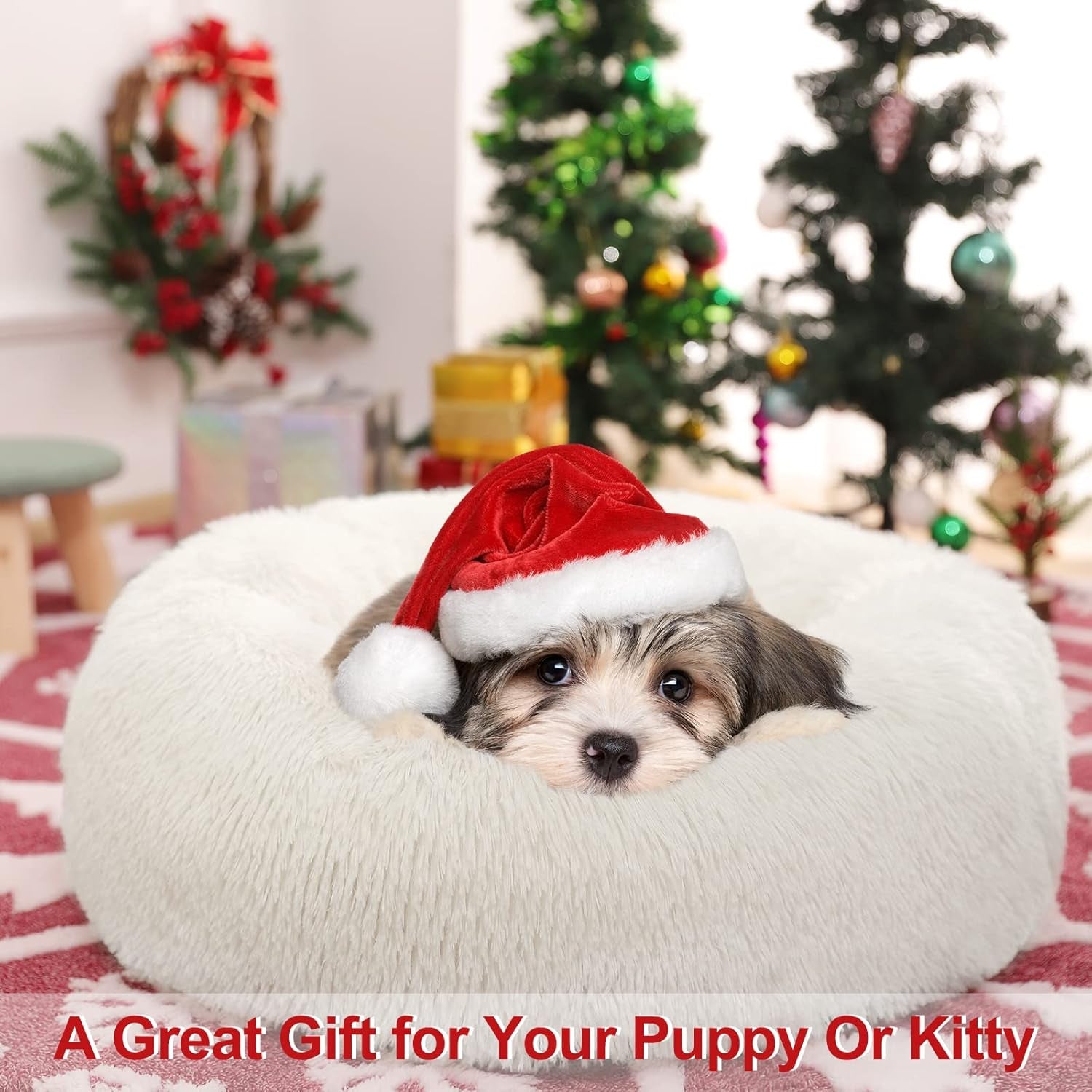 Calming Donut Fluffy Dog Bed Cat Bed, anti Anxiety Cuddler Plush Cozy, Super Soft Material, Warm and Comfortable, Machine Washable, Size Medium 23" X 23"